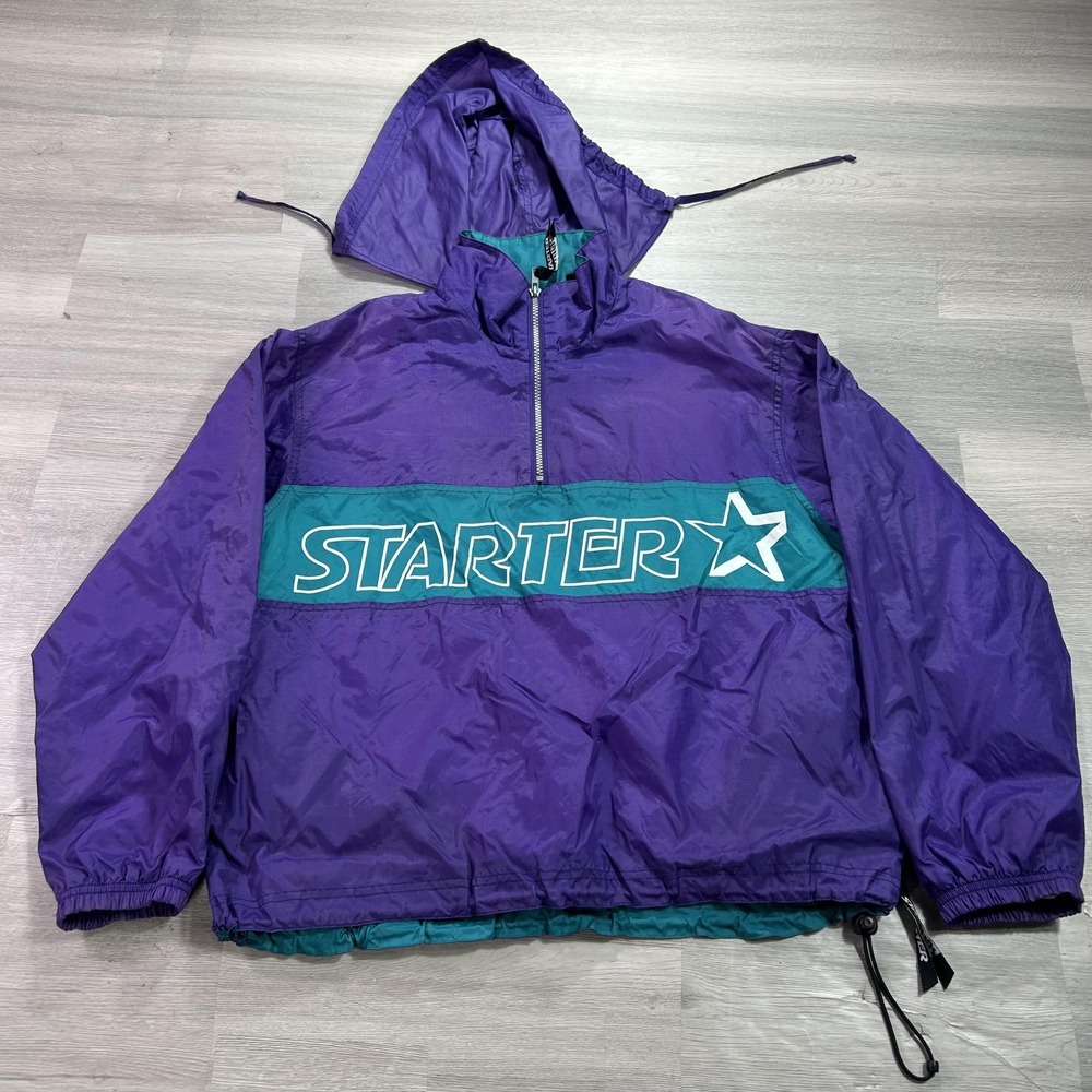 VTG Starter Jacket Womens Small Purple Teal 1/2 Zip Hooded Anorak Pullover Logo